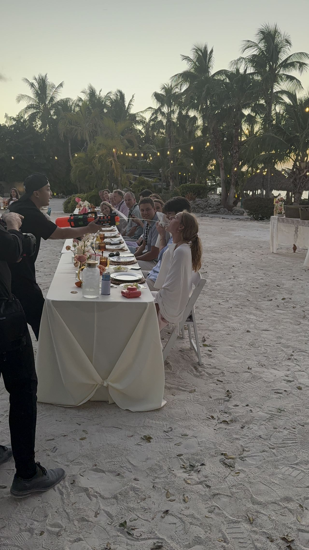 A long table set for dinner on a tropical beach at dusk, surrounded by palm trees as the chef serves guests, creating a romantic outdoor dining experience in a relaxed seaside resort ambiance.